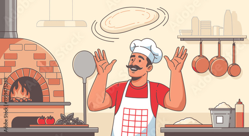A cheerful male chef tossing a pizza dough in a bustling kitchen with a brick oven and cooking utensils.
