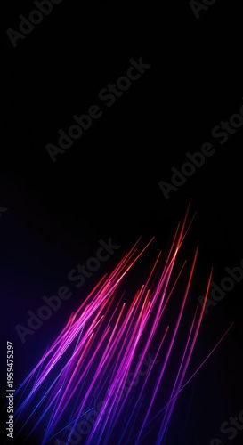 Dynamic streaks of vibrant residual light create an energetic, futuristic abstract pattern against a deep black background, speed, design, digital