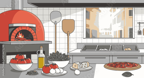 Flat lay of a kitchen counter with pizza ingredients and a brick oven in the background with a city view through the window.
