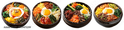 Korean Bibimbap Bowls – Colorful Rice with Fried Egg, Vegetables, and Beef for Food Blogs and Asian Cuisine Presentations