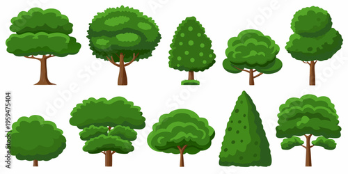 Collection of cartoon style trees in varying shapes and sizes