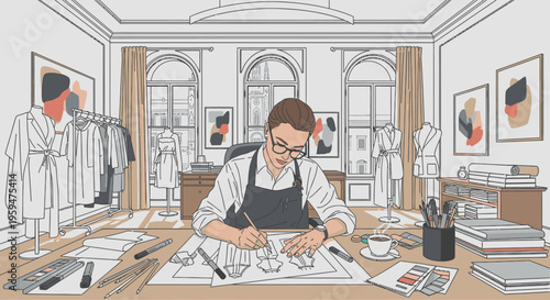 Fashion designer working on sketches at a desk in a modern studio with mannequins and artwork on the walls.