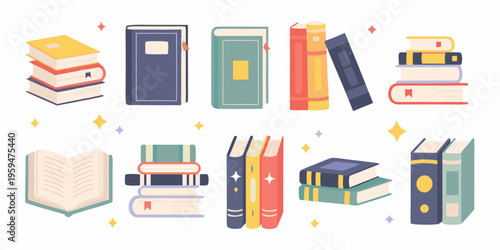 Colorful stacks and open books create a vibrant literary scene