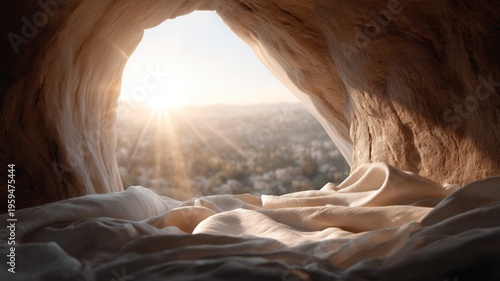 Empty tomb entrance with bright sunlight and three crosses on distant hill and easter resurrection hope symbolizing
