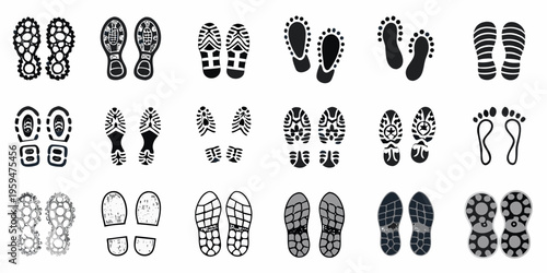 Collection of diverse black footprints and sole patterns on a white background