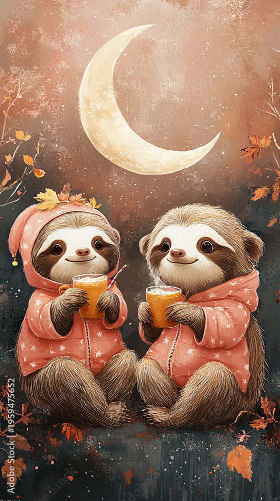 Obraz premium Adorable cartoon sloth wearing pink star pajamas holding mugs of cocoa under big crescent moon, vertical mobile phone wallpaper design.
