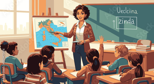 A female teacher stands in a classroom, gesturing towards a world map on the wall while teaching a group of diverse students seated at desks.