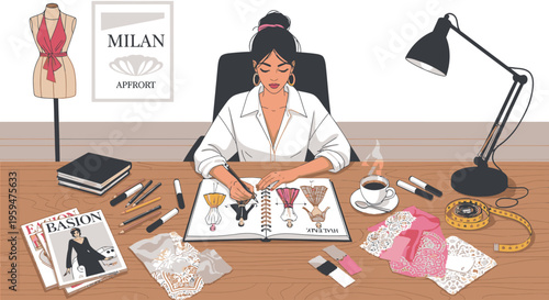 Fashion designer planning outfits with sketches and accessories on a desk in a modern workspace with a creative and organized mood.