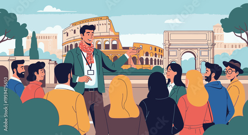 Illustration of a tour guide speaking to a diverse group of tourists in front of the Colosseum and Arch of Constantine in Rome with a blue sky.