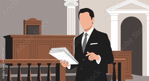 A man in a black suit holds papers in a courtroom with a judge's bench and white columns in the background.
