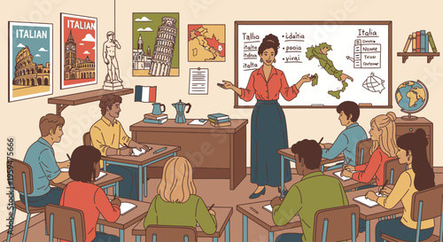 A female teacher standing and explaining a map on the whiteboard to a group of students sitting at desks in a classroom with educational posters and a globe.