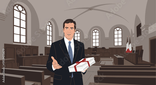 A well-dressed man in a suit holds a wrapped gift in a church with wooden pews and large windows.