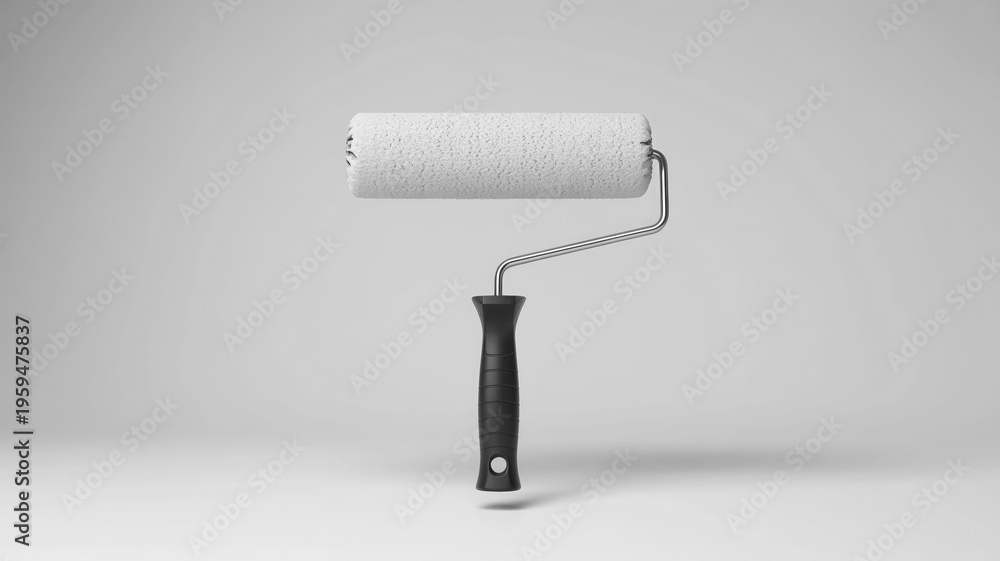 Fototapeta premium New clean paint roller with white cover and black handle, floating against a soft grey background. Perfect for DIY home renovation, painting projects, and construction concepts.