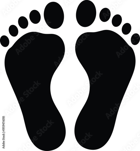 WebHuman footprint silhouette set, bare feet soles vector, walking trail marks, podiatry and health icon, baby steps or tracking symbol.