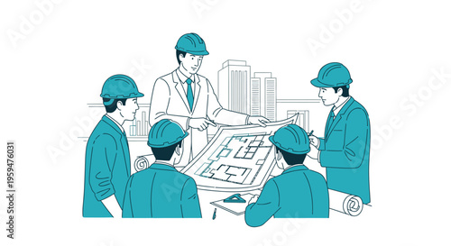 Engineers in meeting with blueprint plan.