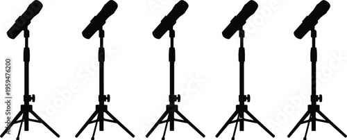 WebMicrophone on stand silhouette set, professional audio equipment vector, podcasting, live music performance, karaoke, and public speaking icons for media.