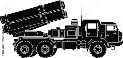 WebMilitary multiple launch rocket system truck silhouette, mobile artillery vehicle vector, tactical army weapon for defense, security, and combat operations.