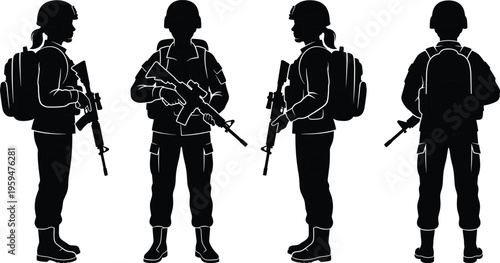 WebMilitary soldier silhouettes in different poses wearing tactical gear and helmets, female army personnel vector illustrations isolated on white background.