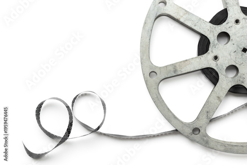 Cinema industry and movie background with film reels, top view