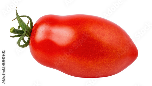 Fotografía Fresh ripe red plum tomato with green stem, healthy organic vegetable food ingre