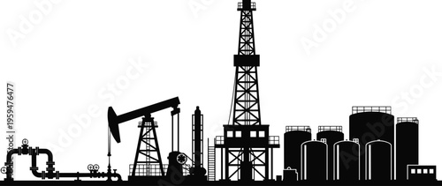 WebOil and gas industry silhouette with drilling rig, pump jack, pipelines, and storage tanks, industrial refinery factory complex vector.