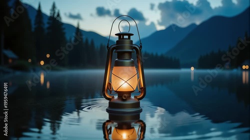 Vintage Lantern on Tranquil Mountain Lake – Atmospheric Wilderness Scene for Travel Blogs and Meditation Content