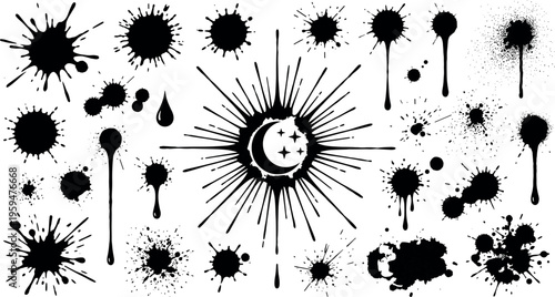 black ink splatter and paint drip stains set with grunge splash blot and spray texture elements isolated on transparent background