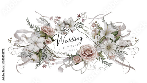 A beautiful wedding invitation card featuring a pink rose bouquet with floral decorations and elegant design