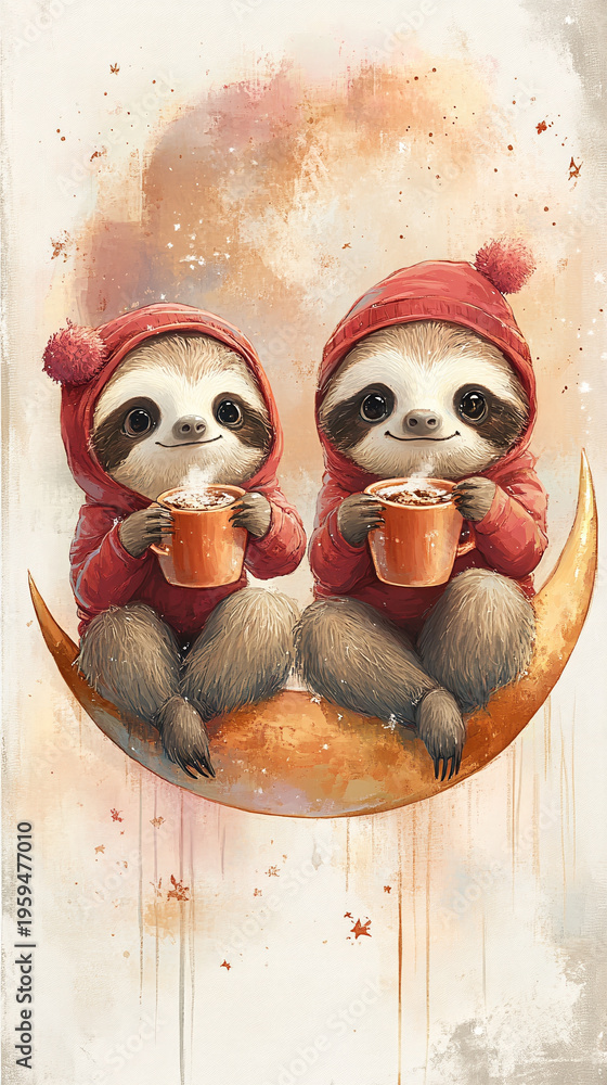 Fototapeta premium Two little sloth in red hoodie sitting on moon crescent drinking cocoa on light artistic background, vertical mobile wallpaper design.