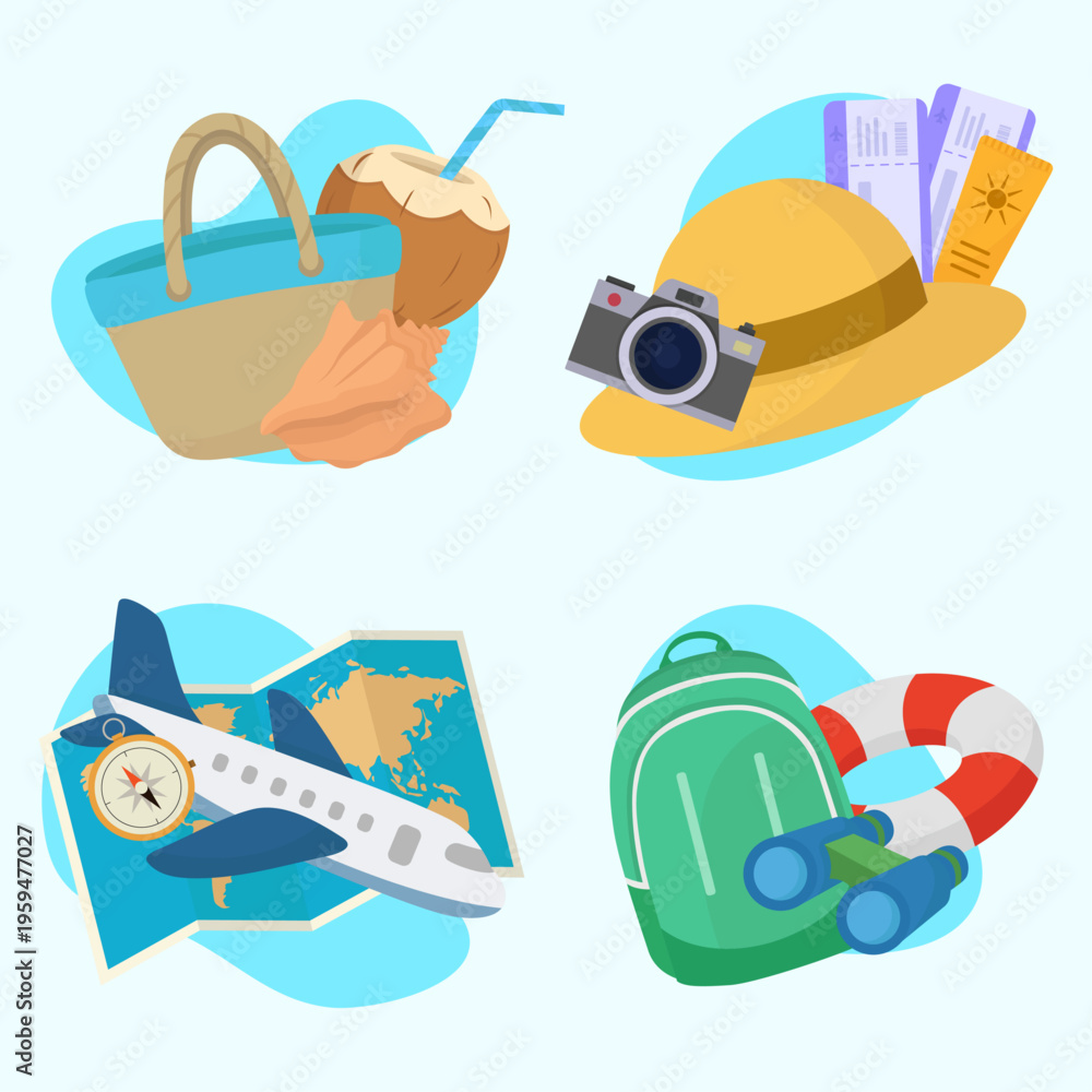 Obraz premium Set of Summer Travel and Vacation Essentials Including Beach Bag, Coconut Drink, Camera, Straw Hat, Airplane