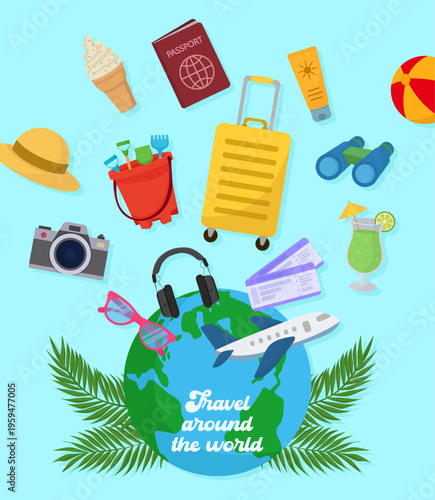 Travel Around the World Poster with Earth Globe, Airplane, Suitcase, and Summer Vacation Icons Including Ice Cream