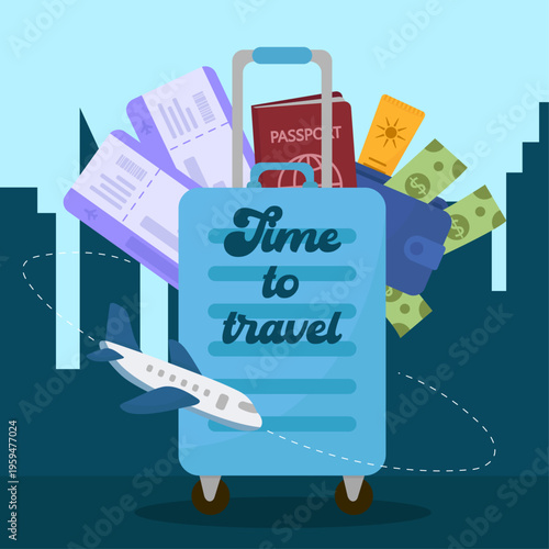 Time to Travel Blue Suitcase Packed with Passport, Flight Tickets, and Money Wallet, with Airplane