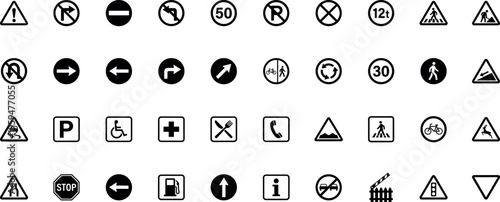 traffic road sign icon set with warning direction arrow safety transportation regulation symbols including pedestrian bicycle parking stop and navigation signs illustration on transparent background