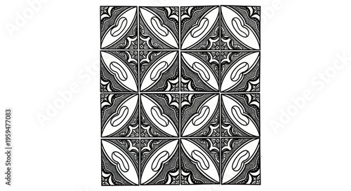Intricate black and white repeating geometric tile pattern with stylized organic shapes