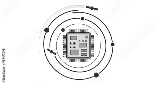 Central processing unit with orbiting satellites and concentric circles