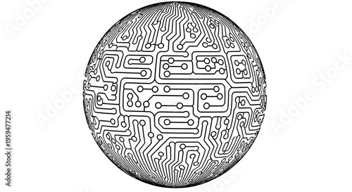 A black and white sphere patterned with intricate circuit board lines