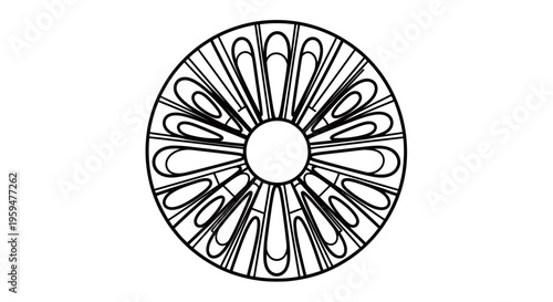 Ornate circular emblem with radiating petal-like shapes and central void