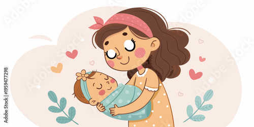 Cute vector illustration of a girl hugging a baby sister. Loving a pair of sister