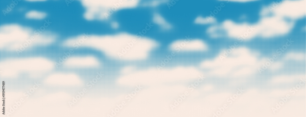 Naklejka premium Abstract vector soft halftone clouds with a light blue gradient background. Textured sky with blurry dotted pattern.