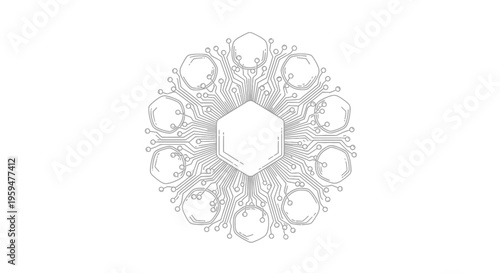 Intricate circular circuit board pattern with a central hexagonal shape and radiating circular elements