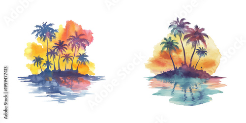 abstract color silhouette of tropical island watercolor vector illustration