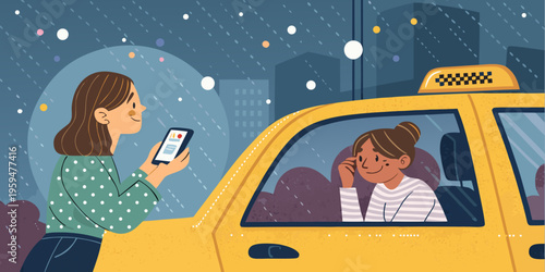 A cartoon vector illustration of online and offline taxi when it rains
