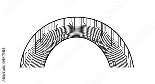 Black circuit board lines form a layered, arched structure against white