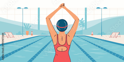 A rear view of a woman stretching before swimming outdoor vector illustration art