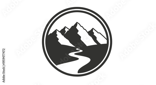 Stylized circle emblem featuring rugged mountains and winding river