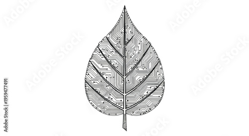 Leaf shape formed by intricate circuits and nodes, blending nature and technology