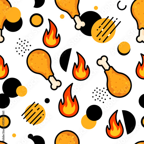 Modern Memphis Style Food Wrap Pattern with Fried Chicken Drumstick and Fire Icons for Fast Food Packaging and Vibrant Branding Design