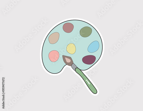 Artist palette vector sticker; a wooden paint board with colorful pigments and a brush for painting classes, creative studio branding, and art education