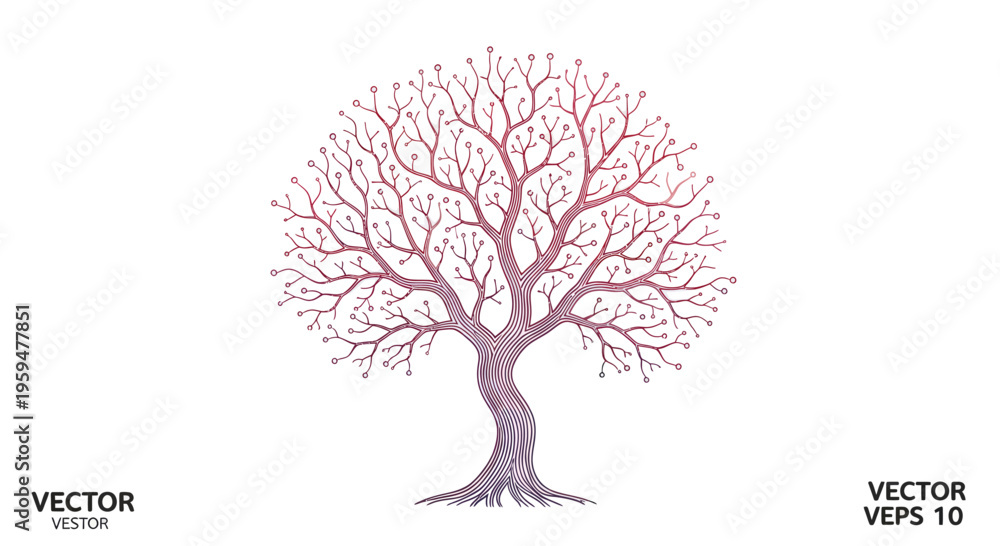 Fototapeta premium Intricate red-hued tree with a circuit-board-like branching pattern
