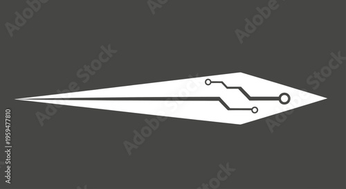 A sleek white arrowhead shape overlaid with thin, dark lines resembling a circuit board